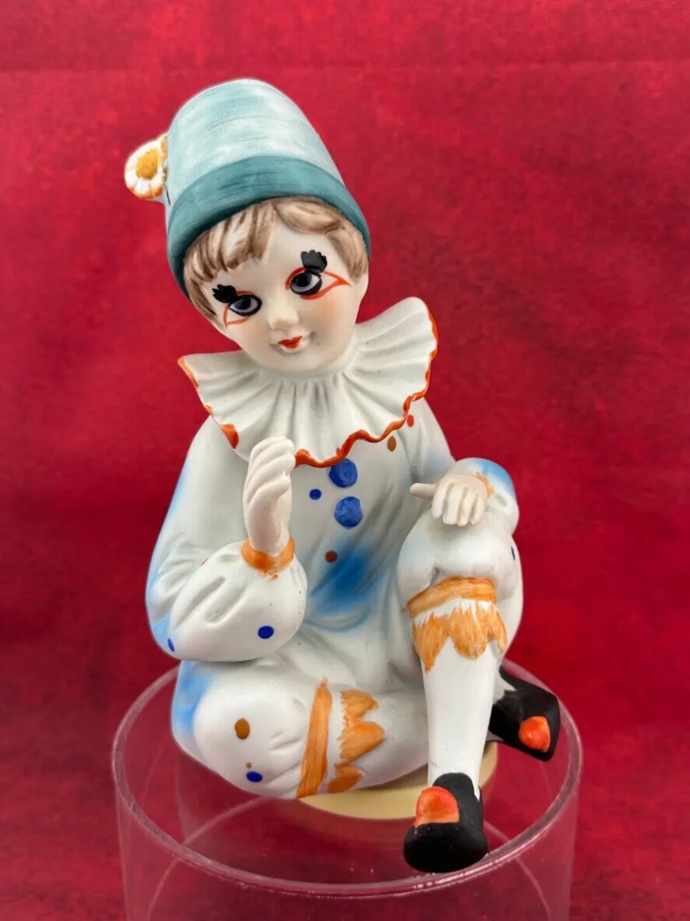 VINTAGE PORCELAIN CLOWN ROTATE FIGURINE MUSIC BOX PLAYS